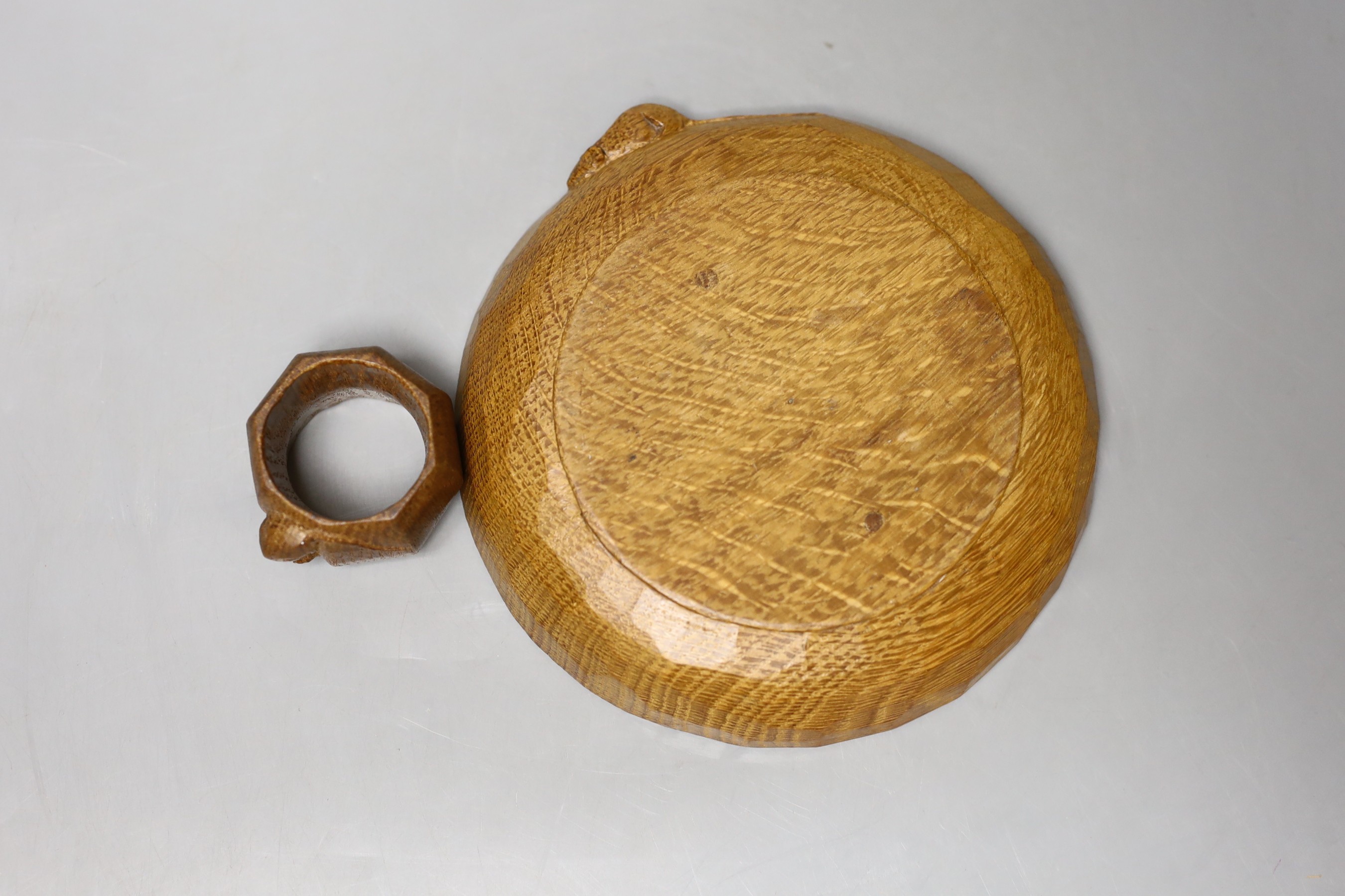 A Mouseman napkin ring and trinket dish - 18cm diameter
